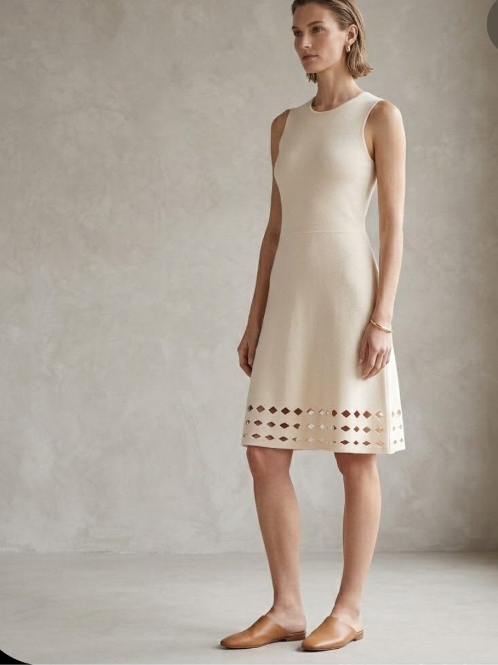 Elie Tahari Cream Sleeveless A-Line Knit Dress with Laser-Cut Hem Size XS